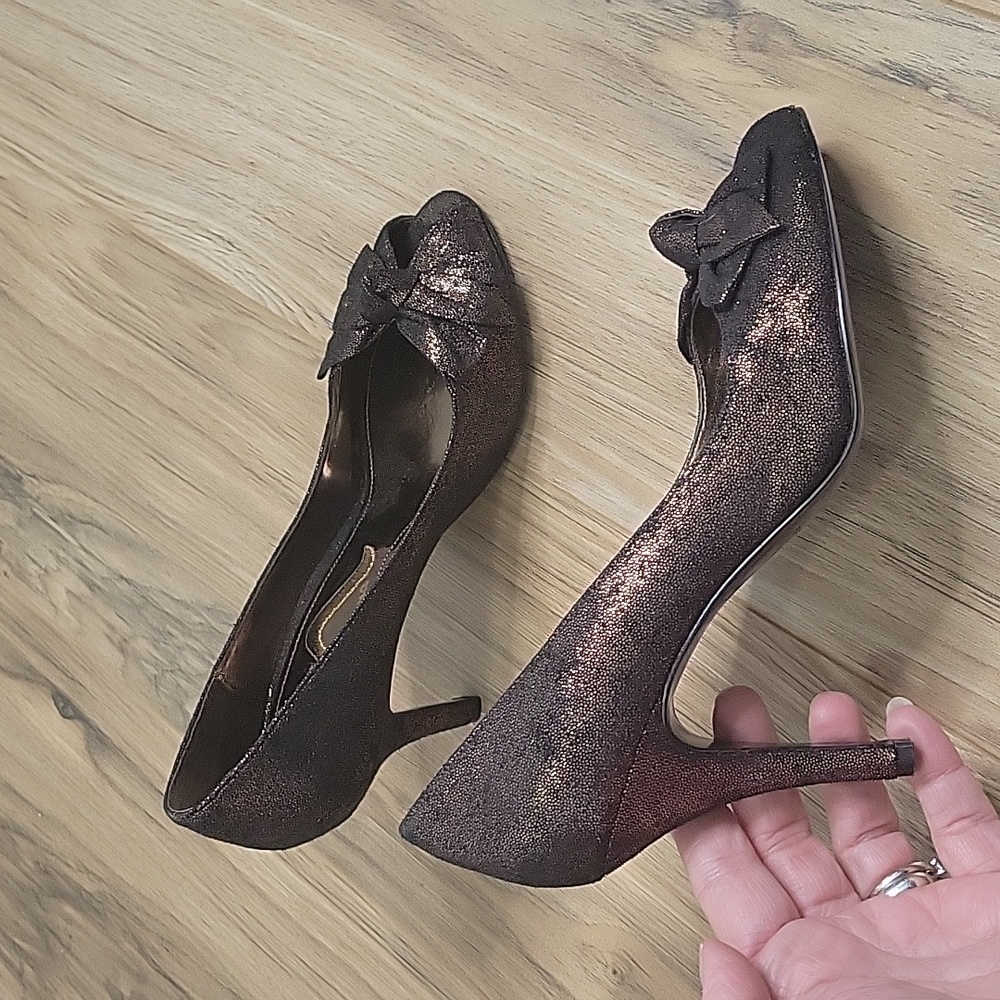 Nina Peep Toe Bronze Sparkle Brown Spike Heels